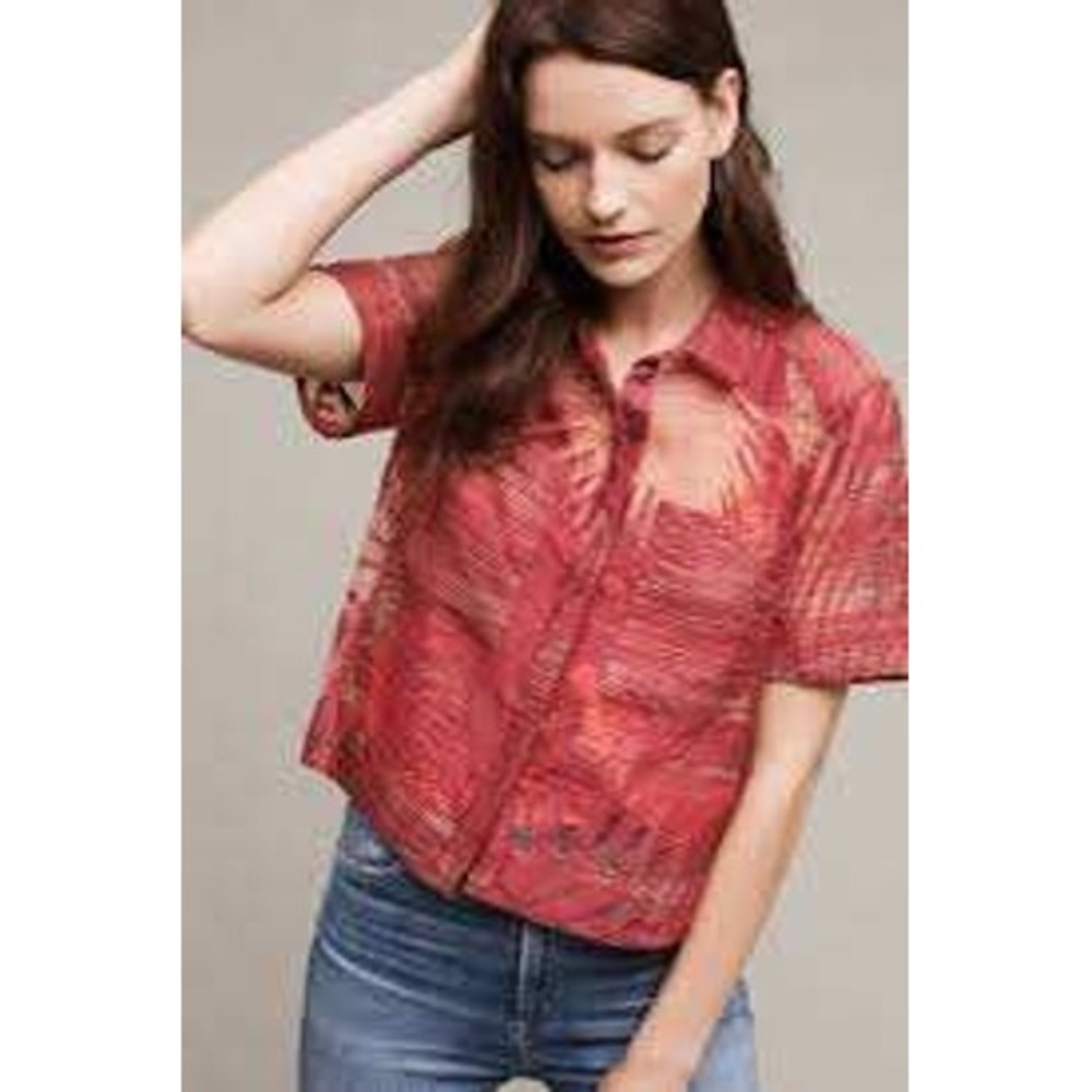 Maeve Anthropologie Womens Red Floral Crop Collared Sheer Blouse SZ 2 Resort